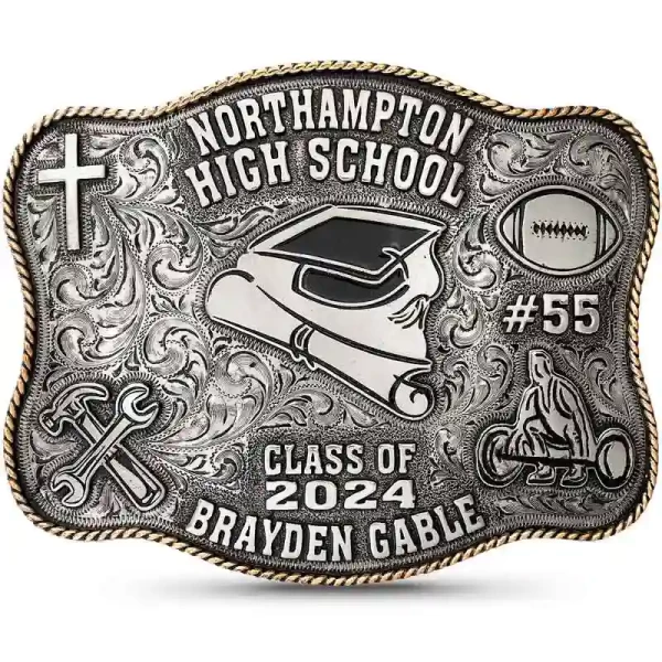 The Allen Belt Buckle is your canvas for showcasing what makes you unique!  This silver antiqued buckle can be customized with diverse school figures, such as a cross and football, making it a memorable keepsake.